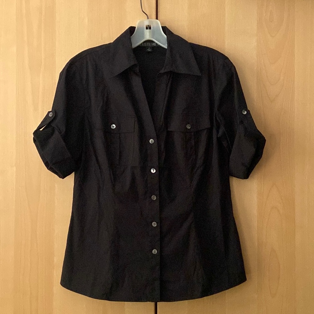 Lafayette 148 NY black short sleeve cargo blouse